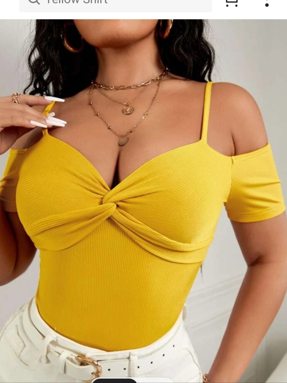 Yellow Twist-Front Cold Shoulder Ribbed Top